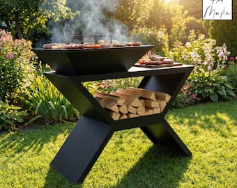 Square Fire pit files with table - "Pyra" -  DXF, svg, .step, Manufacturing plan, OBJ - Cnc Laser, Plasma Cut - Design 2D & 3D