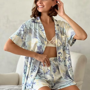 Floral Viscose Pajama Set – Women’s Lightweight Short Sleeve Sleepwear Set with Shorts – Summer Loungewear