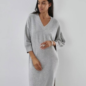 Handmade Cashmere Oversized Sweater Dress - Pastel Yellow V-Neck