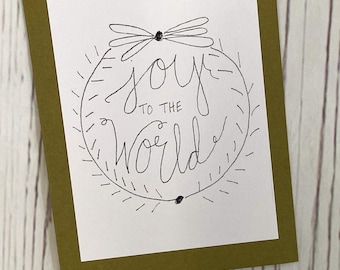 Hand lettered Joy to the World Holiday Christmas Card Wreath