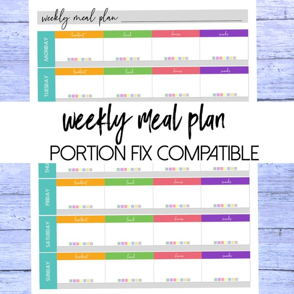 Weekly Meal Plan Digital Planner and Printable Portion Fix Compatible