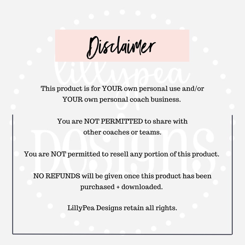 May include: A white background with a pink rectangle at the top that says "Disclaimer" in black script. The text below states the product is for personal use and not for resale, with no refunds.