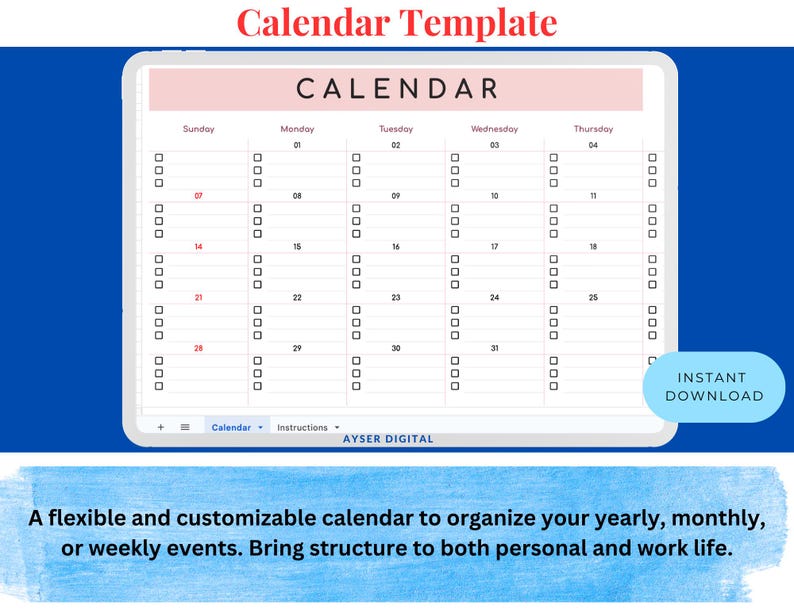 Editable Calendar Template, Easy-to-use Google Sheets Digital Download ...
