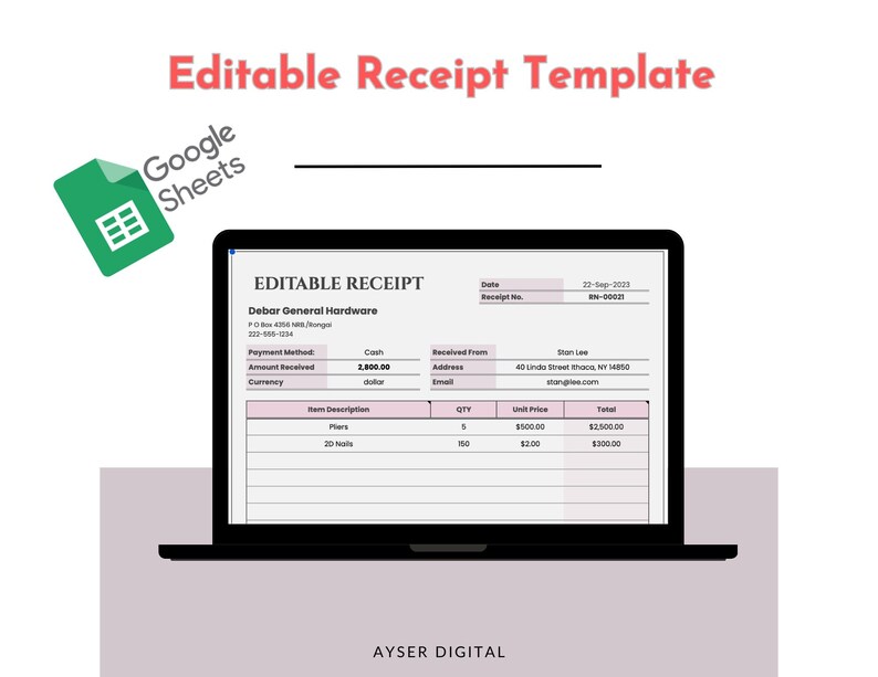 Editable Receipt Template, Google Sheets Customizable Receipt Form ...