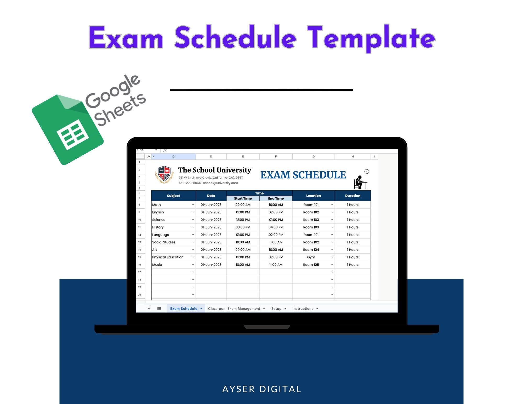 Exam Schedule Template, Google Sheets for Students - Teachers, Class - Time Planner, School Administrators Tool, Detailed Exam Timetable