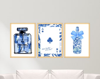 Set di arte da parete blu Download digitale alla moda Set di 3 per la decorazione della parete della camera da letto e del dormitorio preppy