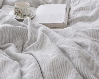 Komplet pościeli ze 100% lnu, poszewka na kołdrę w paski z pranego lnu | Oddychająca, naturalna poszewka na poduszkę z lnu | Minimalistyczna, neutralna pościel