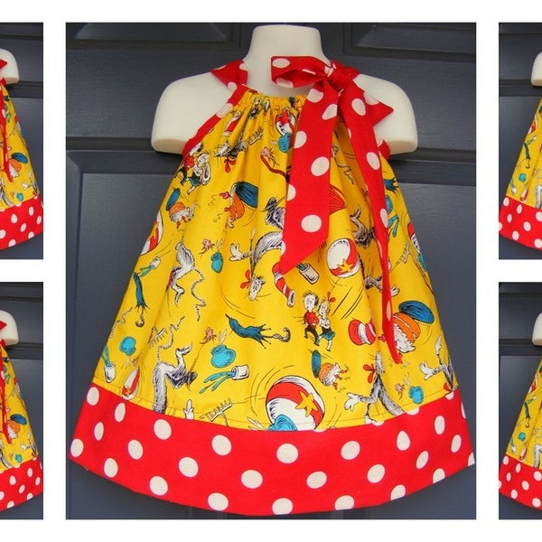 Custom Made Pillowcase Dress-0-8 years old-Robert Kaufman Cat in the Hat-Dr. Seuss Fabric