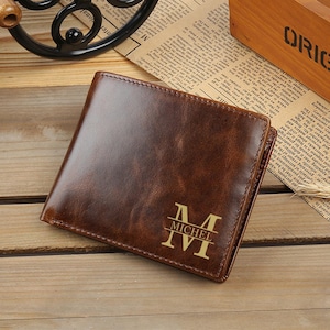 Cartera de cuero grabada, cartera con escritura a mano, regalos personalizados, cartera personalizada, regalos para esposo, novio, papá, regalos del Día del Padre para él