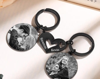 Custom Couple Keychain,Set of 2 Matching Heart Keychains,Custom Photo& Name Keychain,Personalized Gift For Boyfriend Girlfriend,Gift for him