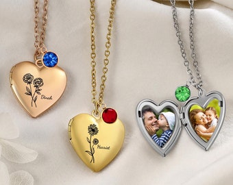Locket Necklace with Birth Flower, Locket Necklace with Photo,Custom Engraved Name Locket,Personalized gift for her,Memorial Gift for mom