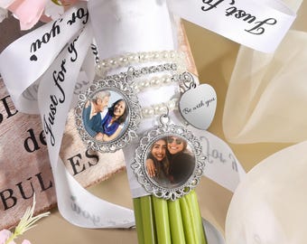 Custom Wedding Bouquet Photo Charm, Bridal Bouquet Charm with Pearl, Wedding Memorial Charm With Text & Photo, Wedding Memorial Gift for Her