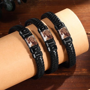 Personalized Mens Bracelet,Custom Photo Bracelet,Kid&#39;s Names Bracelet for Dad,Braid Leather Bracelet,Gifts for Husband,Gift for Boyfriend