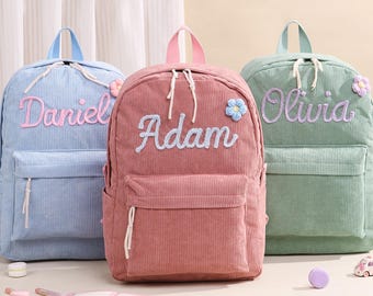Personalized Crochet Backpack: Custom Name Floral Design Corduroy Bag,Toddler,Preschool Kids,Girls,Boys,Birthday,Back to School Gifts