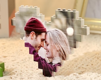 Puzzle z klockami w kształcie serca, spersonalizowane puzzle z klockami, układanka z obrazkami, spersonalizowany prezent z obrazkami, prezent walentynkowy dla pary
