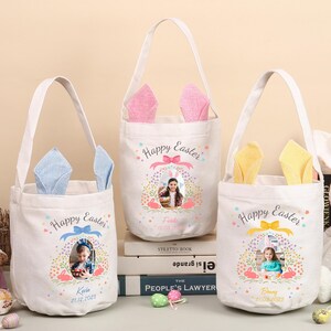 Personalisiertes Osternest, Benutzerdefinierte Foto Osterhase, Ostertasche, Ostereiersuche, Babynamenkorb, Jungen Mädchen Ostern Geschenke Hollday