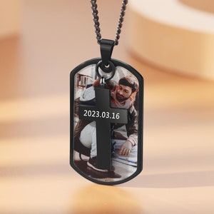 Custom Photo Necklace with Cross,Personalized Necklace for Men,Custom Photo, Date, and Text,Men Memorial Gift,Dog Tag Necklace,Gift for Him