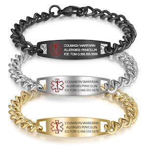 Könnte beinhalten: Drei medizinische Armbänder mit verschiedenen Kettenstilen: Schwarz, Silber und Gold. Jedes Armband hat ein rechteckiges Schild mit einem roten medizinischen Symbol, dem Text "COUMADIN/WARFARIN ALLERGIES:PENICILLIN ICE:TOM G 666.555.5678" und Platz für eine Personalisierung.