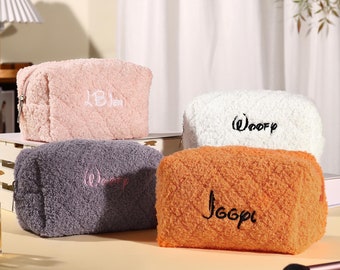 Custom Makeup Bag,Embroidered Plush Toiletry Bags, Custom Name Cosmetic Bag, Makeup Organizer, Bridesmaid Gifts,Birthday Gift for Her