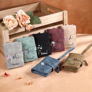 Carteira de couro com flor de nascimento, carteira com foto personalizada para mulheres, bolsa de couro com zíper, nome gravado, presente de aniversário personalizado, presente para a mãe