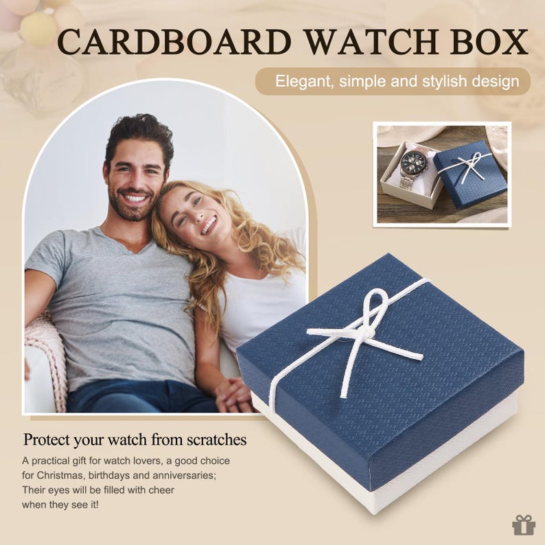 May include: A navy blue and white cardboard watch box with a white string tie. The box has the text "CARDBOARD WATCH BOX" and "Elegant, simple and stylish design". The image also shows a couple smiling.