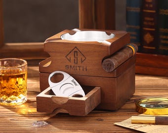 Cenicero de madera personalizado para puros, cenicero con soporte para vaso de whisky y puros, cenicero de madera para puros con soporte para vaso de whisky, regalos para hombres.