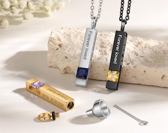 Personalized Birthstone Ashes Necklace, Cremation Urn Necklace Memorial, Custom Engraved Bar Necklace,Human or Pets Cremation Jewelry