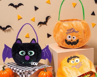 Halloween Personalized  Candy Tote Bag,Trick or Treat Tote Bag,Kids Pumpkin Bucket,Embroidered Name Plush Basket,Halloween gifts,For Kids