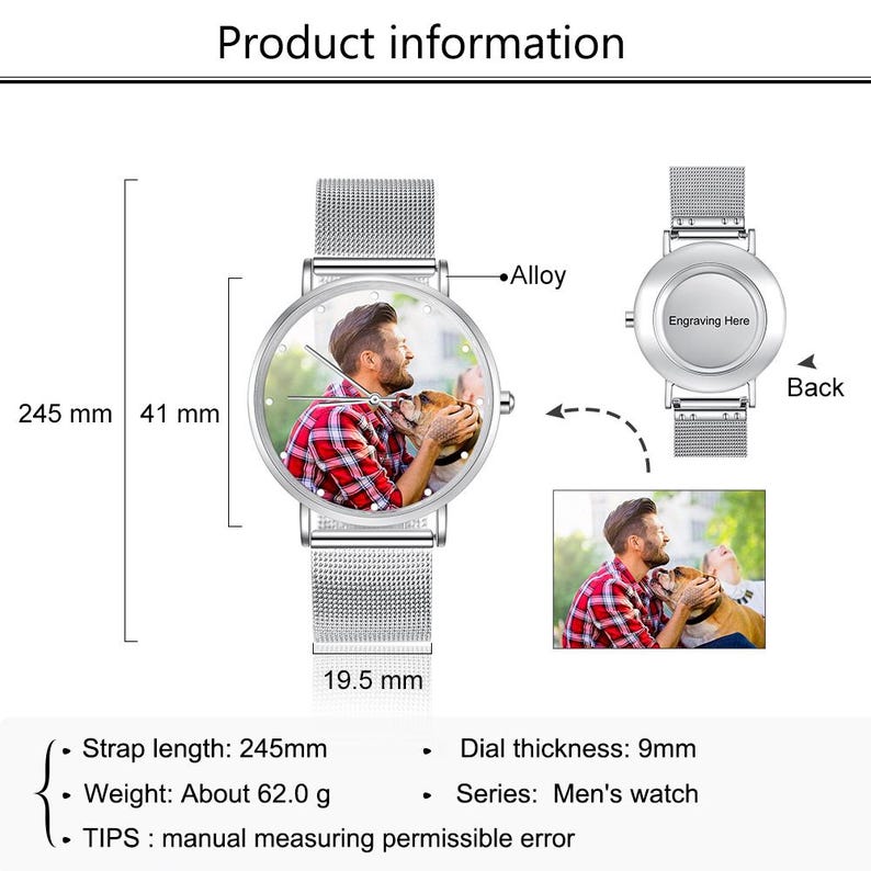 May include: Silver alloy watch with a mesh band and a round face featuring a photo of a person with a dog. The watch has a 245mm strap, 41mm case, and a 9mm dial. The back of the watch is labeled "Engraving Here".