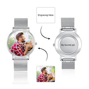 May include: A silver wristwatch with a mesh band. The watch face displays a color photo of a person with a dog. The back of the watch is engraved with the text "My favorite pet". The image also includes the text "Engraving Here".