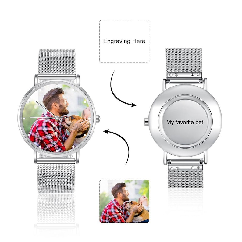 May include: A silver wristwatch with a mesh band. The watch face displays a color photo of a person with a dog. The back of the watch is engraved with the text "My favorite pet". The image also includes the text "Engraving Here".