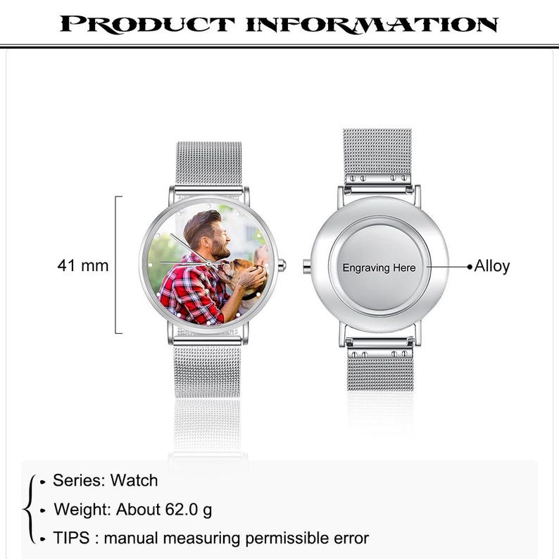 May include: A silver alloy watch with a mesh band. The watch face displays a color photo of a person with a dog. The watch face is 41 mm in diameter. The back of the watch has space for engraving. The watch weighs approximately 62.0 grams.