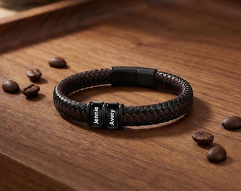 Personalized Mens Bracelet, Leather Bracelet for Him, Custom Beads Dad Bracelet with Kids Name, Gift for Husband Dad Son Grandpa Fathers Day
