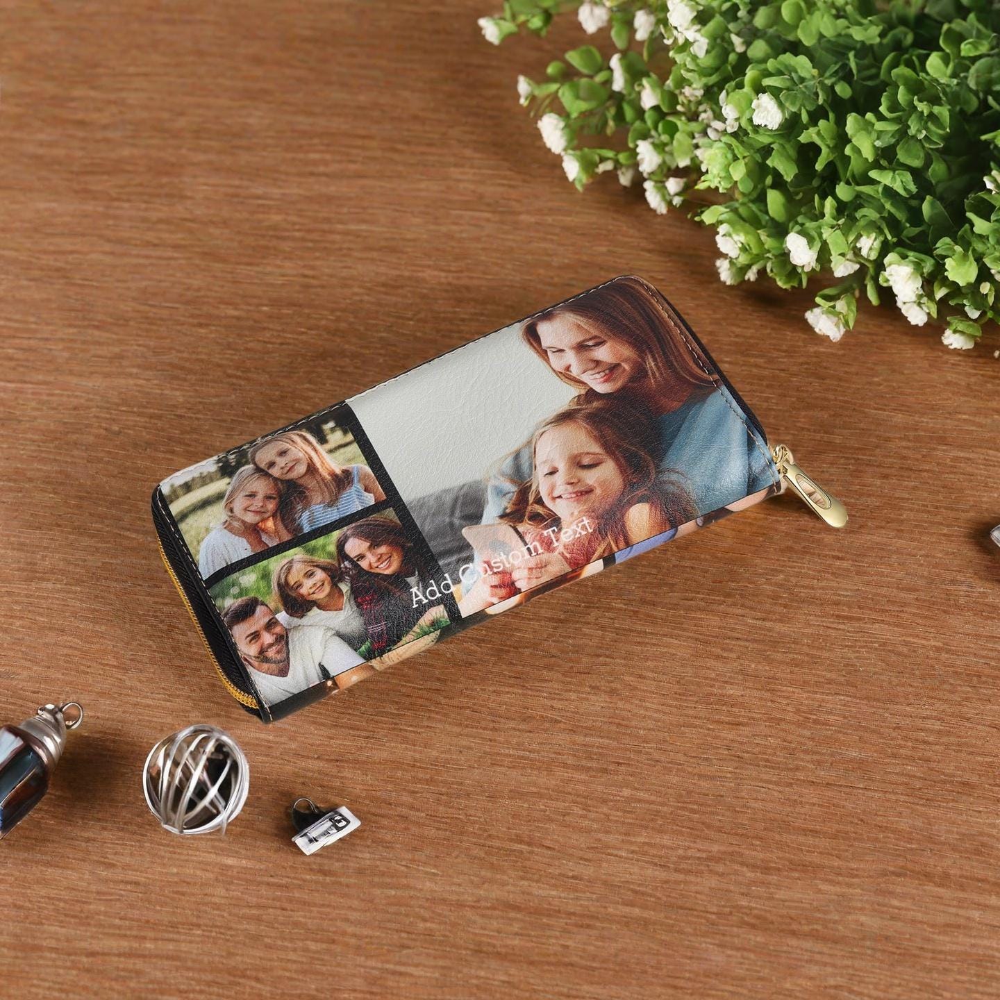 Color Print Photo Wallet for Women, Zipper Leather Wallet, Engraved Women Leather Wallet, Gifts for Her, Mother's day gift, Gift for grandma