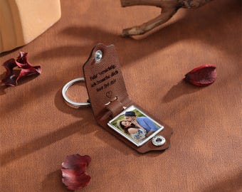 Personalized Mens Leather Keychain with Photo,Metal Tag Photo Keychain,Engraved key chain,Anniversary Gifts for Him,Father's Day gift