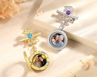 2026 Graduation Memorial Photo Pin, Custom Text Brooch With Birthstone, Grad Gown Lapel Pin, Graduation Gift for Her Him,New Graduate