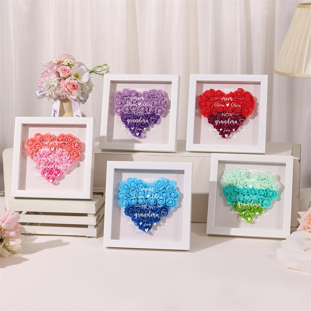 Personalized Name Flower Heart Shadow Box, With 1-8 Child's Names Heart ...