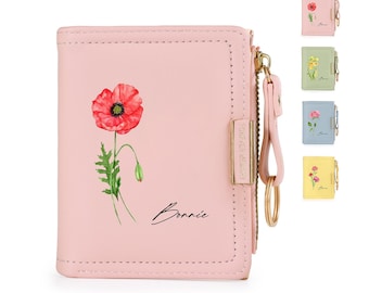 Custom Birth Month Flower Lady's Short Wallet,Personalized Leather Purse with Name,Engraved Wallet, Bridesmaid Gift,Mother Birthday Gift