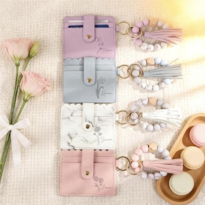 Geboortebloem sleutelhanger portemonnee, leren kaartportemonnee, sleutelhouder, armband sleutelhanger, aangepaste naamportemonnee, gepersonaliseerde cadeaus voor haar, Moederdag