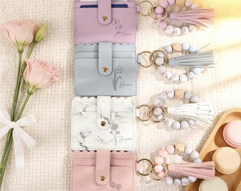 Birth Flower Keychain Wallet, Leather Card Wallet, Key Holder, Bangle Key Ring, Custom Name Purse, Personalized Gifts For Her,Mother's Day