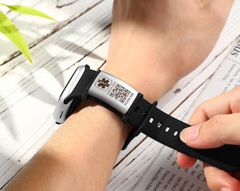 Custom Medical QR Code Watch Band Tag: Stainless Steel Emergency ID,Personalized Alert,Allergy ,Diabetes,hypertension,Black & silver,