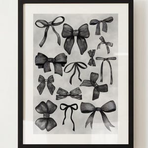 May include: A black and white illustration of various bows tied in different styles. The bows are drawn on a light gray background.