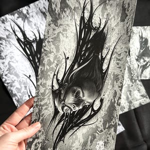 Dark Art Print - Blackwork Lettering with eyeless woman - Black and White Horror Artwork - Gothic Wall Art