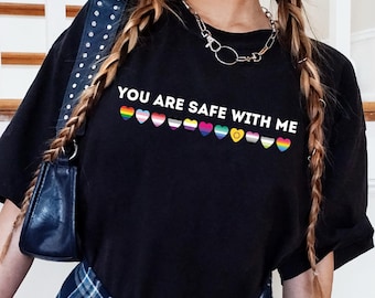 You Are Safe With Me LGBT Heart T-Shirt, Gender Equality Tee, LGBTQ Pride T-Shirt, Queer Support Shirt, Rainbow Flag Sweater