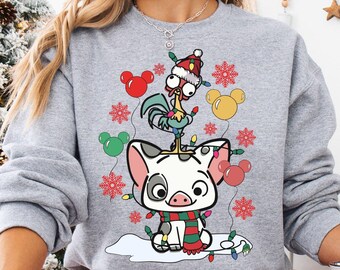 Felpa natalizia Disney Pua e Hei Hei, maglietta regalo di Natale Disney Moana, maglietta natalizia per le vacanze in famiglia a Disneyland, maglietta natalizia