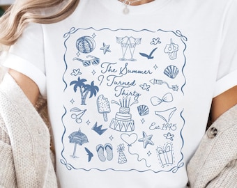 Camiseta de verano que cumplí treinta, camiseta de 30 cumpleaños, camiseta personalizada para cumpleañera, camiseta de fiesta de cumpleaños de verano, camiseta de cumpleaños de playa costera