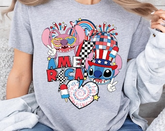 Maglietta Disney Stitch e Angel America per il 4 luglio, maglietta Stitch per il 4 luglio, maglione Disney America, maglietta Disneyworld Family Independence Day