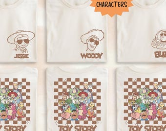 Retro shirt Disney Toy Story-personages, Disney All Characters geruit bijpassend T-shirt, vintage Disney Woody and Friends-trui familie-uitstapje