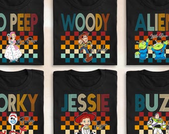 Disney Toy Story Charaktere Retro Shirt, Toy Story Vintage kariertes passendes T-Shirt, Disneyland Familienausflug Toy Story Gruppe T-Shirt