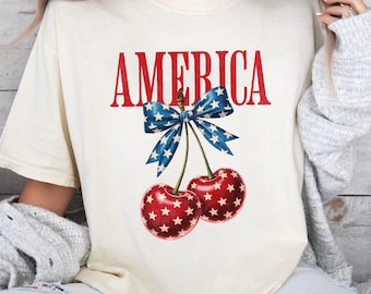 4th of July America Cherry and Bow Shirt, 4th of July Cherries Bows Tee, Cute Independence Day Sweatshirt, American Patriotic USA Flag Shirt